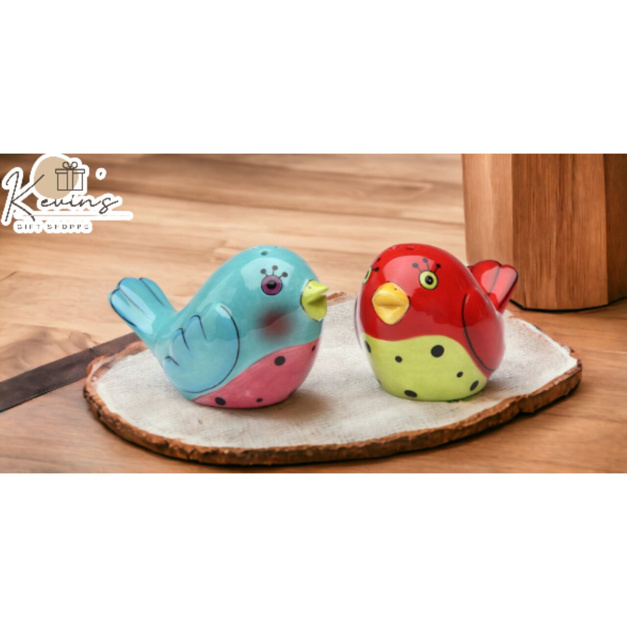 Hand Painted Ceramic Dotted Red And Blue Love Birds Salt and Pepper Shakers